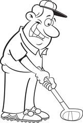 Black and white illustration of a man playing golf.