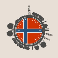 Circle with energy relative silhouettes. Design set of natural gas industry. Objects located around the manometer circle. Flag of the Norway