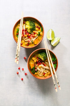 Laksa noodle soup With pumpkin and broccoli