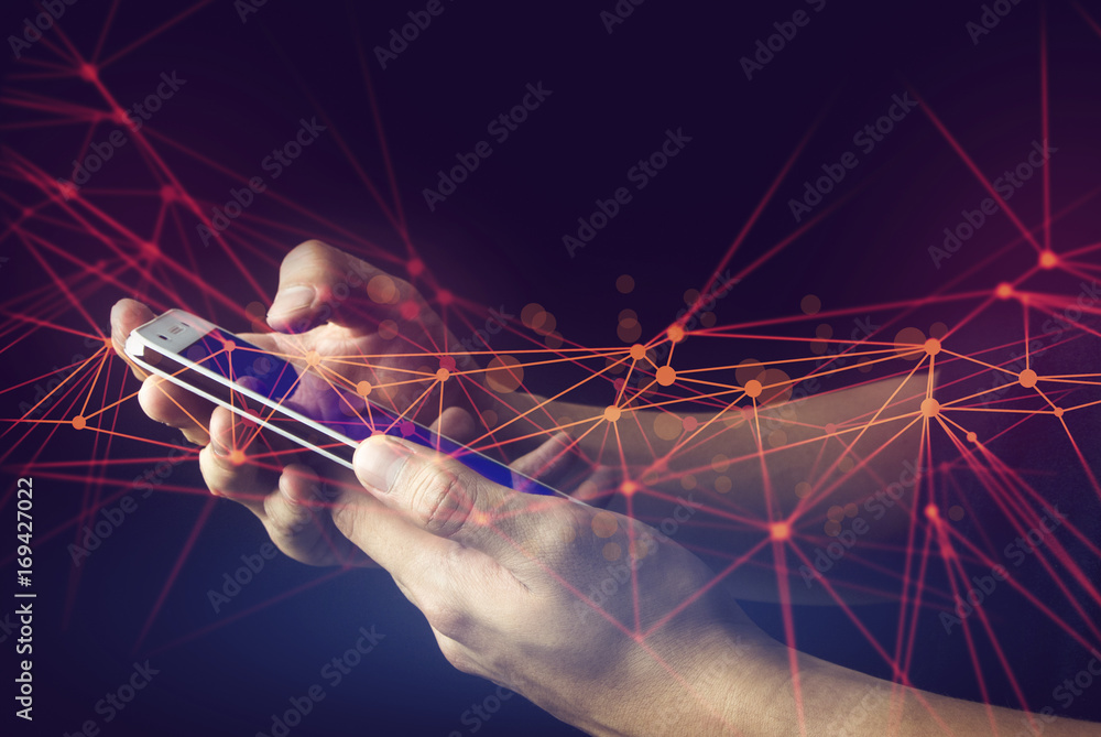 Poster cloud hologram ai technology, futuristic cyber network system, data deep learning robotic, smartphon