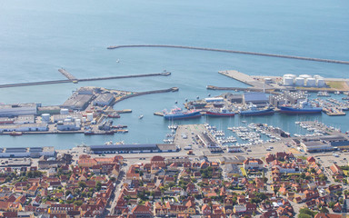 Aerial view of harbour in city of Skagen(Denmark).Aerial view of harbour in city of Skagen,Denmark in a sunny summer day.
