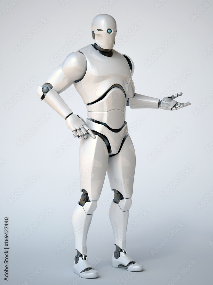 Aufkleber robot on white background in a holding, pointing or presenting pose 3d rendering