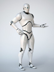 Robot on white background in a holding, pointing or presenting pose 3d rendering