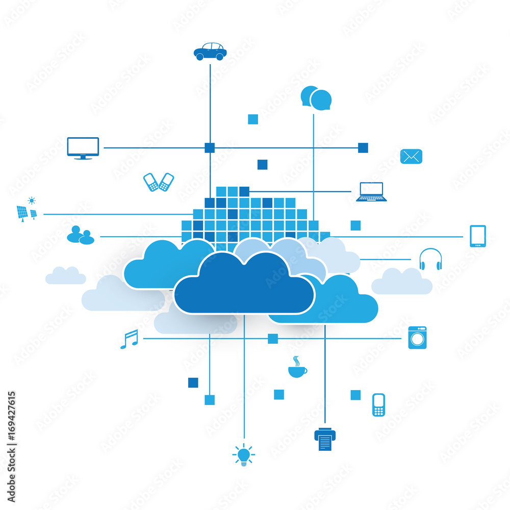 Poster cloud computing, networks design concept with icons representing various kinds of digital devices or