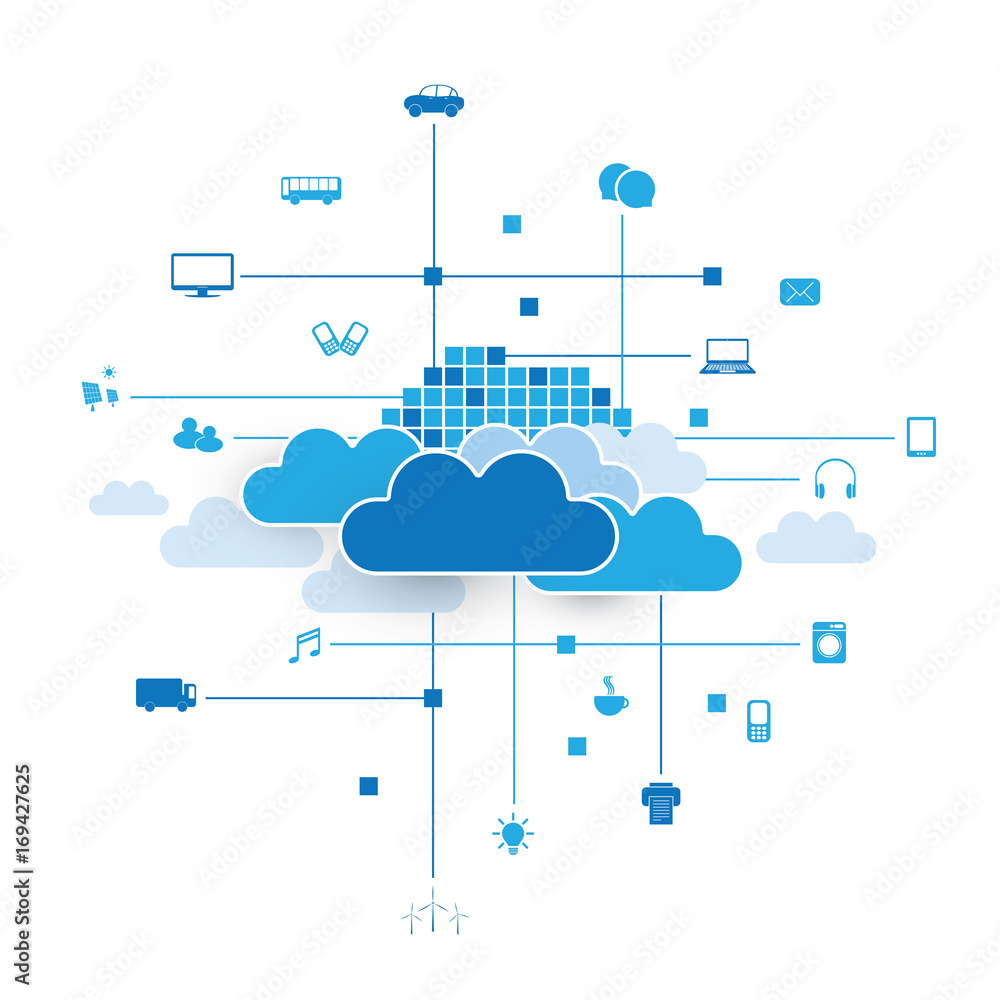 Poster cloud computing, networks design concept with icons representing various kinds of digital devices or