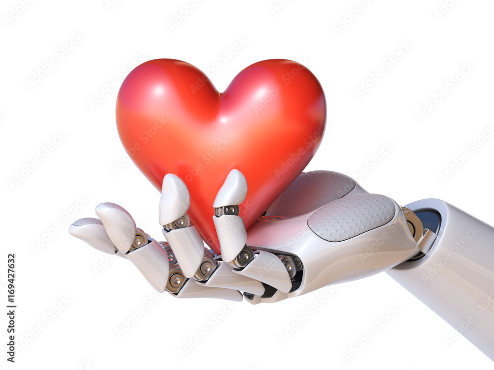 Poster robot hand holding a heart 3d rendering