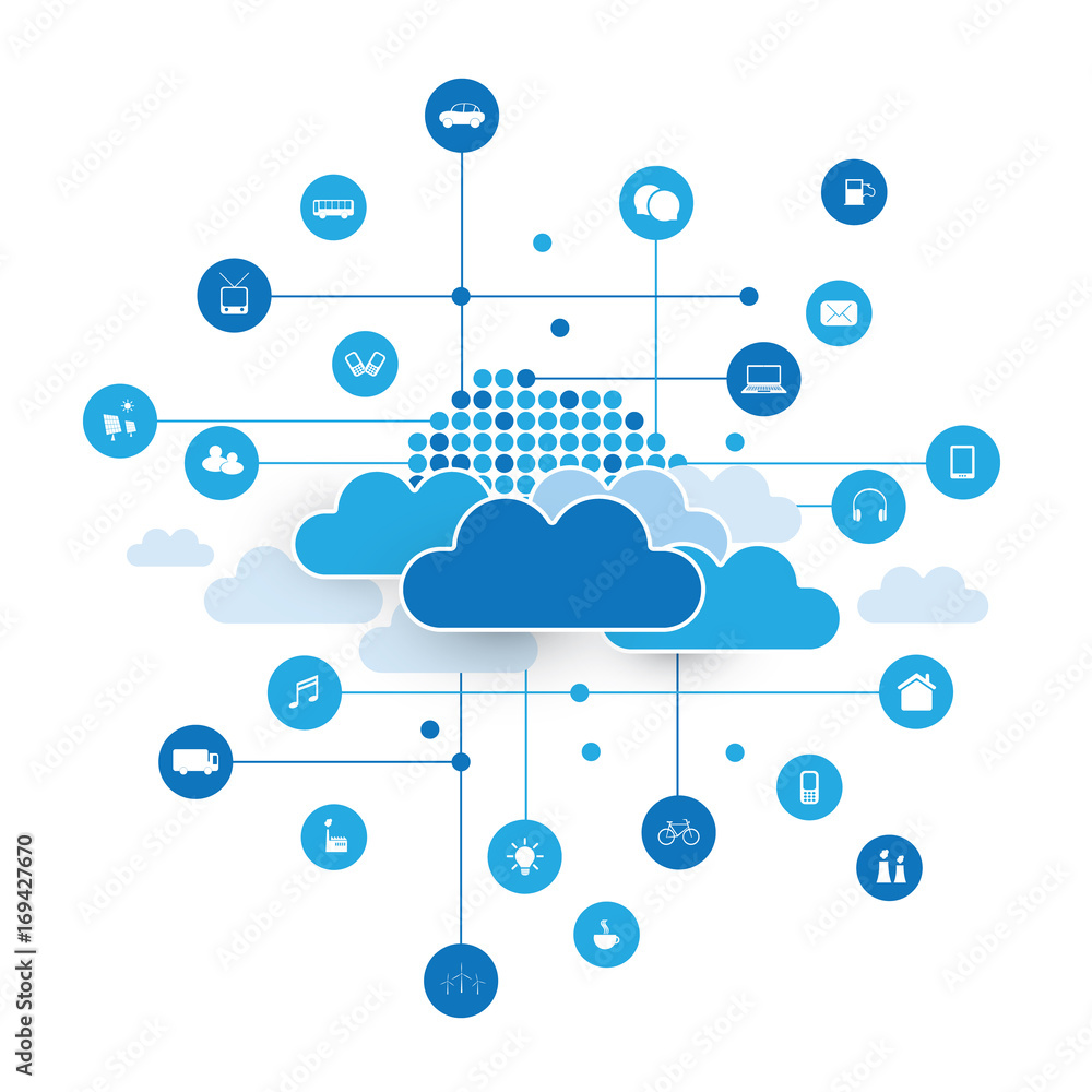 Poster cloud computing, networks design concept with icons representing various kinds of digital devices or