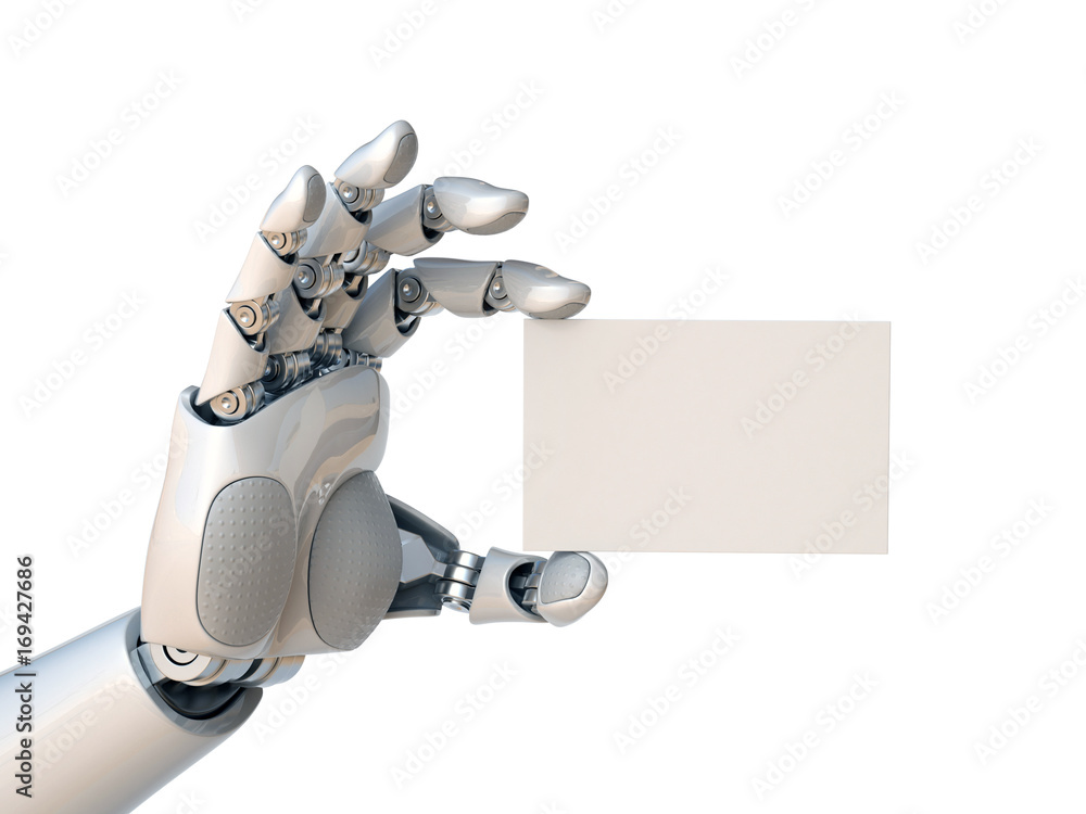Poster robot hand holding a blank business card 3d rendering