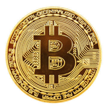 Golden bitcoin - symbol of international virtual cryptocurrency. Isolated on white.