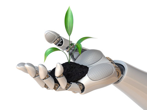 Robot hand holding plant, synthetic life, genetic engineering concept, 3d rendering