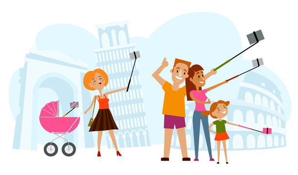 Father, mother and kid making selfie in Italy with Tower of Pisa and Coliseum of Rome on background, flat style cartoon vector illustration. Family making selfie with many phones on vacation in Italy