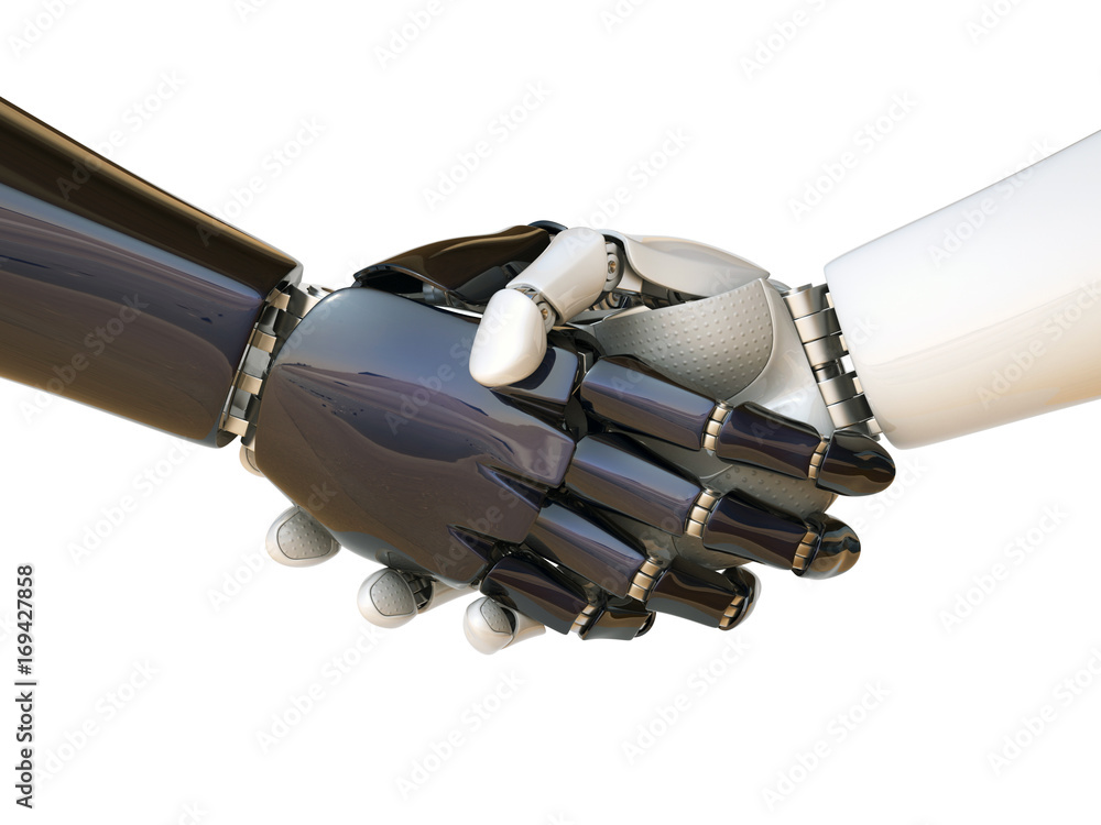 Poster two robots shaking hands 3d rendering