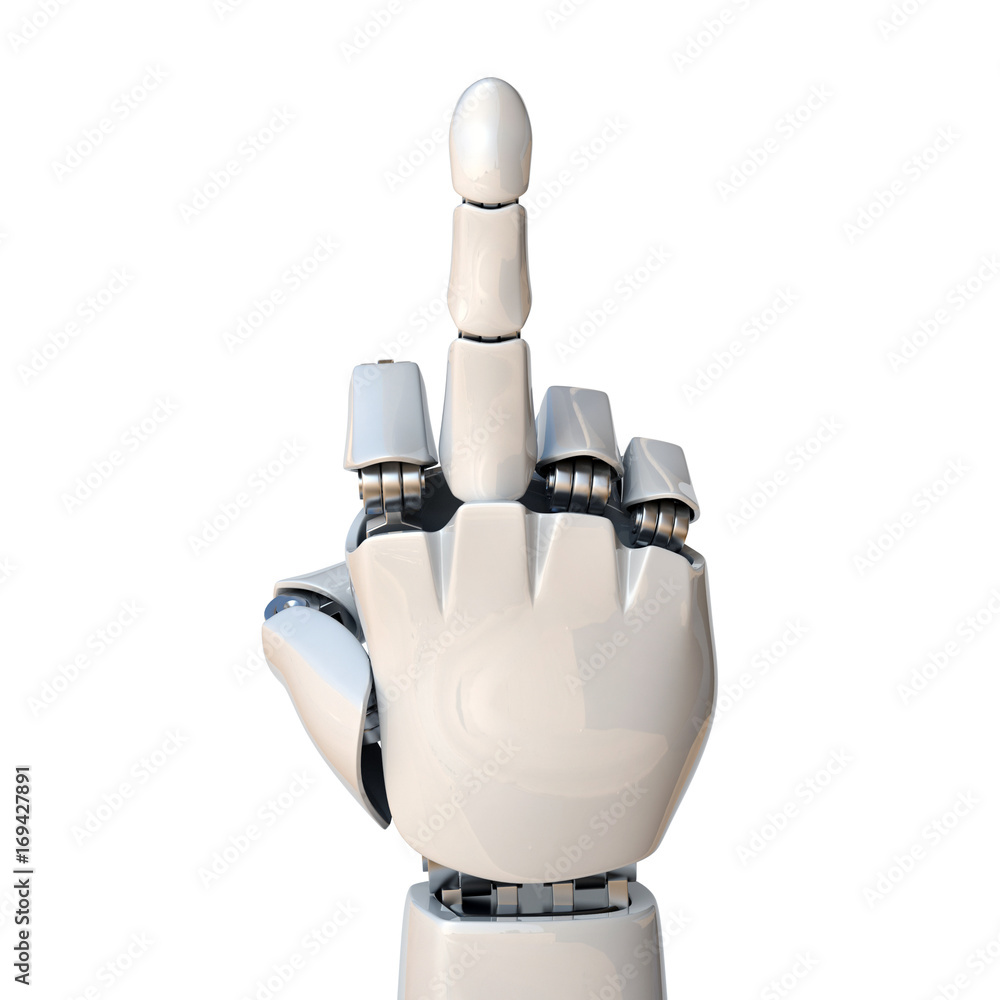 Poster robot hand showing middle finger 3d rendering