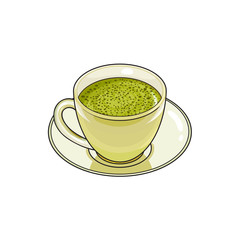 vector sketch cartoon hand drawn cup of whipped green mathca tea on a plate side view. Isolated illustration on a white background. Traditional tea ceremony attribute, symbol