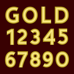 A complete set of numbers made from gold  thick wire with a matte surface. Font is isolated by a velvety dark crimson background. Numbers  are made in 3D shapes with smooth edges. Vector illustration.