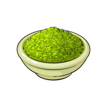 vector sketch cartoon hand drawn ceramic bowl of green mathca tea powder top view. Isolated illustration on a white background. Traditional tea ceremony attribute, symbol