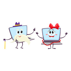 vector flat cartoon funny laptop humanized female girl character with wearing red bow, beards smiling, old mal with beard, mustache and hat, keeping cane. Isolated illustration on a white background.