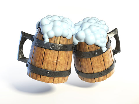 Pair of wooden mugs, tankards making a toast. Beer splash 3d rendering