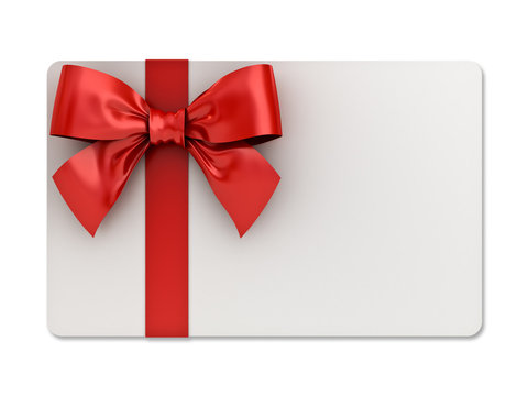 Blank gift card with red ribbons and bow isolated on white background with shadow . 3D rendering.