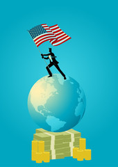 Businessman holding the flag of USA on world globe