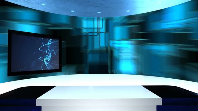 Virtual studio with a table and two TV screens. Virtual tv studio is designed to be used as a virtual background in a green screen or chroma key video production. Seamless looping.