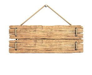 Wooden medieval sign board hanging on rope isolated on white 3d rendering