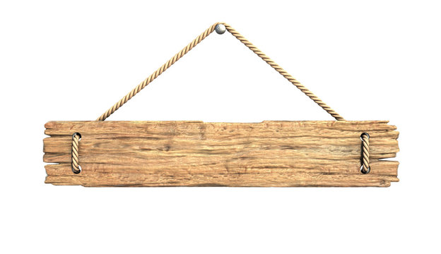 Wooden medieval sign board hanging on rope isolated on white 3d rendering