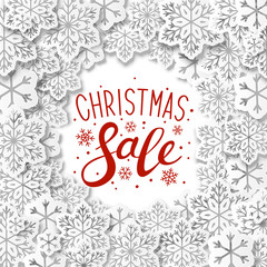 Christmas background with paper snowflakes round frame