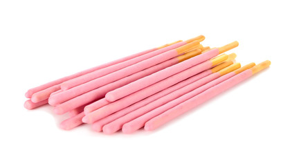 Japanese snack biscuit stick strawberry coated on white background