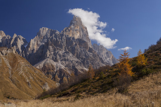 Rolle pass, Pale of San Martino, Dolomites, Trentino-Alto Adige, Italy. View of Cimone dela Pala in autumn