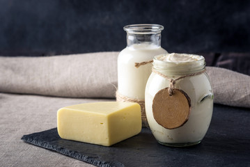 Eco farm products milk, cheese, sour cream, yogurt on dark wooden background. Concept of home made natural food