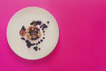 Healthy breakfast - oatmeal porridge, top view, copy space