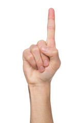Hand shows number one isolated on white background
