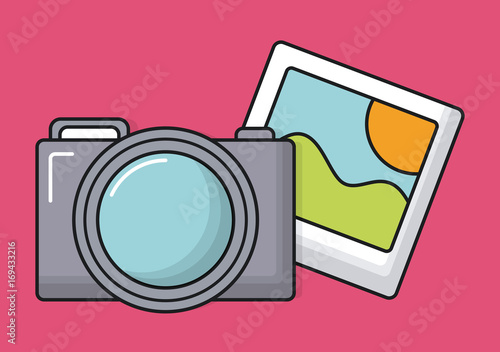 "camera and picture icon over pink background colorful design vector