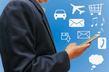 Man hand pressing touch screen  smart phones using  Business contacts  concept