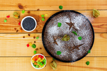 Poppy pie with raisins and candied fruits. Top view