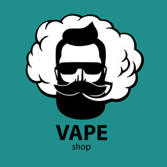 Hand-drawn hipster with mustache and beard. Man with vape and cloud. Electronic Cigarette. Vector. Stickers. logo. Emblem