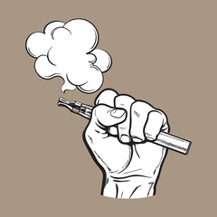 Male hand holding e-cigarette, electronic cigarette, vapor with smoke coming out, black and white sketch vector illustration isolated on color background.