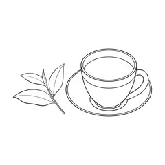 Transparent glass cup, saucer and fresh tea leaf, sketch vector illustration isolated on white background. Hand drawn glass mug and saucer set with tea leaf