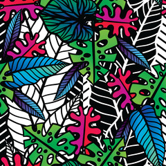 Colorful tropical pattern with exotic plants. Seamless vector tropical pattern with leaves.