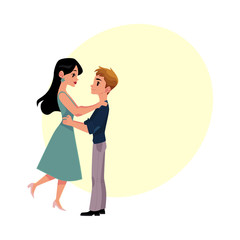 Hugging couple, man holding woman by waist, raising her in air, cartoon vector illustration with space for text. Full length, side view portrait of cartoon style hugging couple, happy meeting