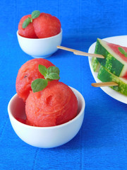 Watermelon. Watermelon pieces formed as balls and as popsicles. Variations of watermelon serving