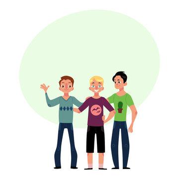 Male friendship concept two couple of boys, men, best friends hugging each other, cartoon vector illustration with space for text. Boys, men, friends standing and hugging each other