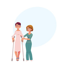 Medical rehabilitation, physiotherapist helping patient walking with crunches, cartoon vector illustration with space for text. Medical rehabilitation, physical therapy, using crunches