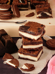 Brownie with cheesecake filling is cut into small squares