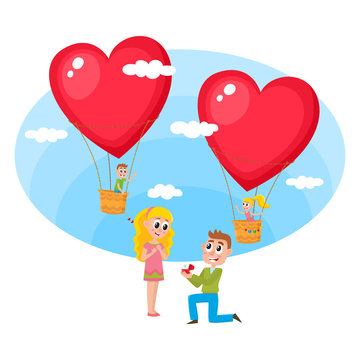Loving couple, boy and girl, making proposal and flying in heart shaped hot air balloons to each other on the background, cartoon vector illustration. Loving couple, man making proposal to pretty girl