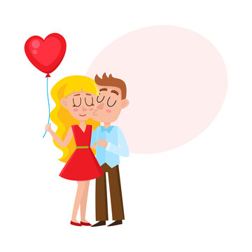 Loving couple, boy kissing pretty blond girl holding heart shaped balloon, cartoon vector illustration with bubble speech. Loving, kissing couple, romantic relationships, dating