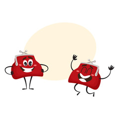 Vector money wallet character flat illustration isolated on a white background. Expressive happy, satisfied wallet and puzzled, empty wallet with speech bubble