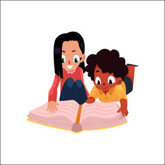 Two kids, girls reading an interesting book lying on the floor, cartoon vector illustration isolated on white background. Two kids, girls, black and Caucasian, reading a book, lying on the floor