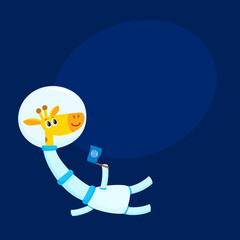 Cute giraffe astronaut, spaceman character wearing space suit, holding a flag, cartoon vector illustration with space for text. Funny giraffe astronaut, spaceman floating in open space